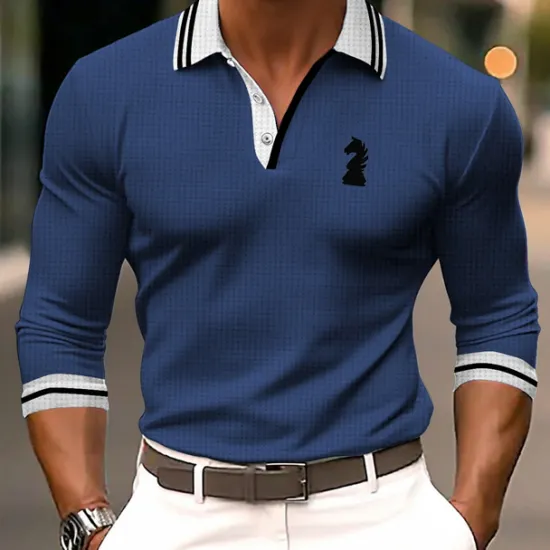 Hot OUKU Men's Striped Waffle Polo Shirts Golf Shirt Long Sleeve Polo Shirts Collared Shirts Business Casual WorkWear Formal Wear Festival Wear Buttons 3D Print Spring & Summer Black Blue Orange