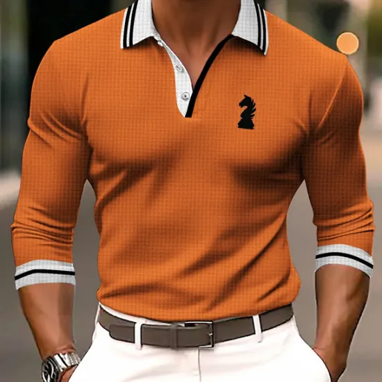 Hot OUKU Men's Striped Waffle Polo Shirts Golf Shirt Long Sleeve Polo Shirts Collared Shirts Business Casual WorkWear Formal Wear Festival Wear Buttons 3D Print Spring & Summer Black Blue Orange