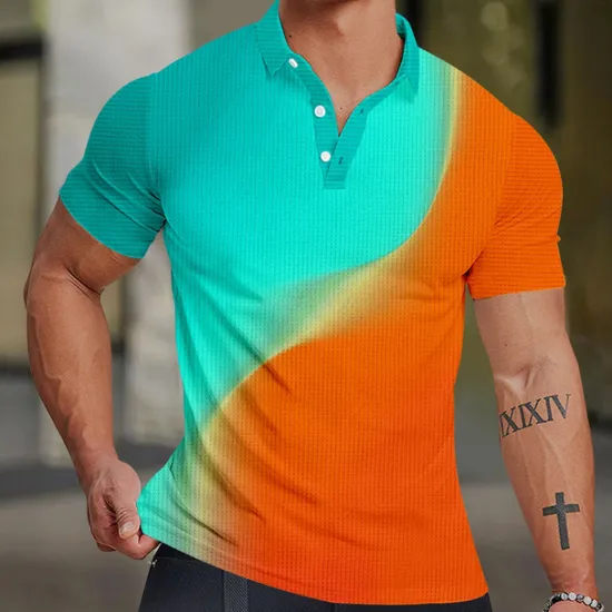 Clearance OUKU Men's Striped Waffle Polo Shirts Golf Shirt Short Sleeve Polo Shirts Collared Shirts Casual Beach Wear Vacation Wear Party Outfits Buttons 3D Print Summer Spring Yellow Orange