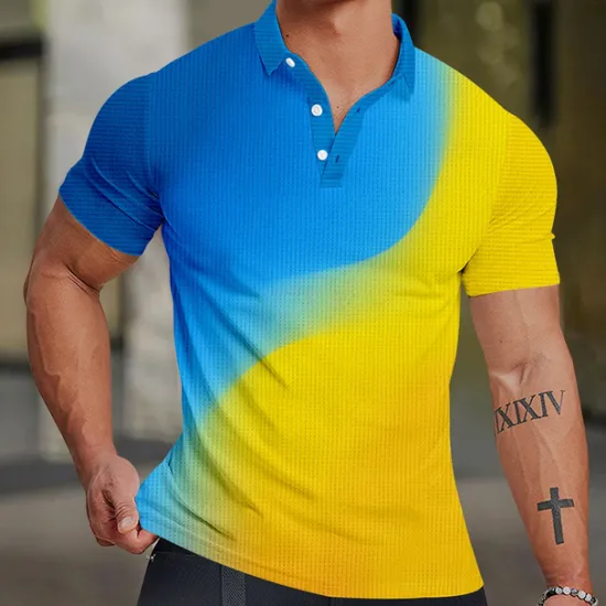 Clearance OUKU Men's Striped Waffle Polo Shirts Golf Shirt Short Sleeve Polo Shirts Collared Shirts Casual Beach Wear Vacation Wear Party Outfits Buttons 3D Print Summer Spring Yellow Orange