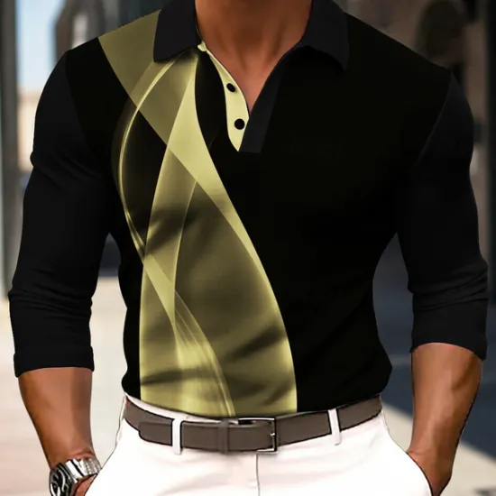 Discount OUKU Men's Striped Waffle Polo Shirts Long Sleeve Polo Shirts Collar Business Casual Formal Outdoor Vacation Dailywear Buttons 3D Print Spring Fall Winter Black Yellow Red