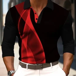 Discount OUKU Men's Striped Waffle Polo Shirts Long Sleeve Polo Shirts Collar Business Casual Formal Outdoor Vacation Dailywear Buttons 3D Print Spring Fall Winter Black Yellow Red