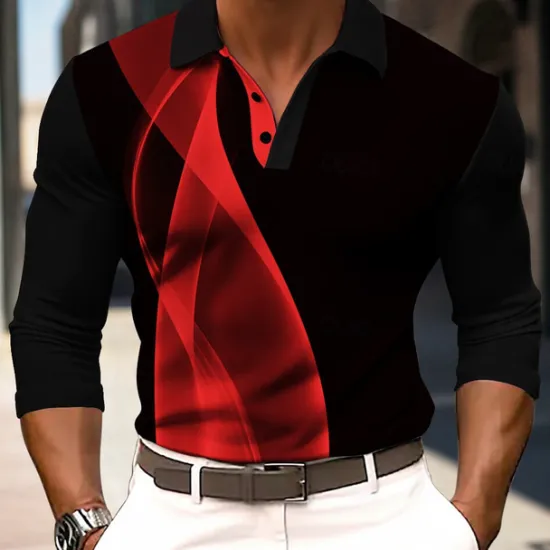 Discount OUKU Men's Striped Waffle Polo Shirts Long Sleeve Polo Shirts Collar Business Casual Formal Outdoor Vacation Dailywear Buttons 3D Print Spring Fall Winter Black Yellow Red