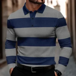 OUKU Men's Striped Waffle Polo Shirts Golf Shirt Long Sleeve Polo Shirts Collared Shirts Casual Business Casual Home Office Dailywear Buttons 3D Print Spring Fall Winter Black And White Blue Gray