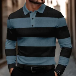 OUKU Men's Striped Waffle Polo Shirts Golf Shirt Long Sleeve Polo Shirts Collared Shirts Casual Business Casual Home Office Dailywear Buttons 3D Print Spring Fall Winter Black And White Blue Gray
