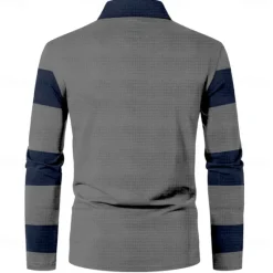 OUKU Men's Striped Waffle Polo Shirts Golf Shirt Long Sleeve Polo Shirts Collared Shirts Casual Business Casual Home Office Dailywear Buttons 3D Print Spring Fall Winter Black And White Blue Gray