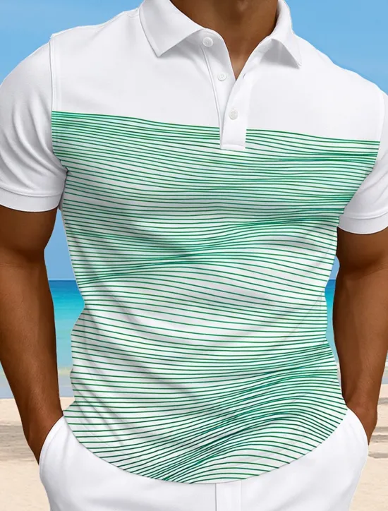 Online OUKU Men's Striped Waves Polo Short Sleeve Polo Collar Vacation Athleisure Casual Daily 3D Print Buttons Summer Violet Robin's Egg Blue Green