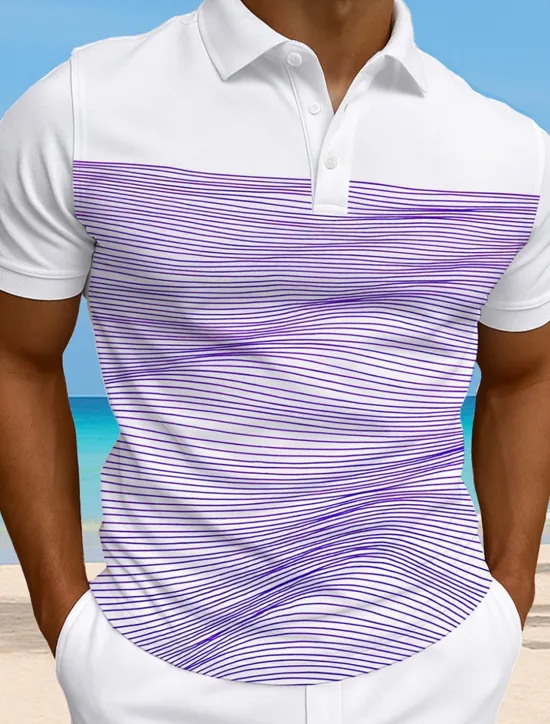 Online OUKU Men's Striped Waves Polo Short Sleeve Polo Collar Vacation Athleisure Casual Daily 3D Print Buttons Summer Violet Robin's Egg Blue Green