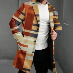 Online OUKU Men's Striped Winter Coat Fleece Jacket Overcoat Thermal Comfortable Business Casual Formal Daily Wear Buttons 3D Print Front Pocket Winter Turndown Long Sleeve Brown