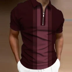 Clearance OUKU Men's Striped Zip Polo Shirts Golf Shirt Short Sleeve Polo Shirts Collared Shirts Business Casual WorkWear Formal Wear Festival Wear 3D Print Quarter Zip Polo Wine Blue Brown