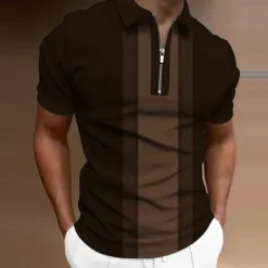 Clearance OUKU Men's Striped Zip Polo Shirts Golf Shirt Short Sleeve Polo Shirts Collared Shirts Business Casual WorkWear Formal Wear Festival Wear 3D Print Quarter Zip Polo Wine Blue Brown