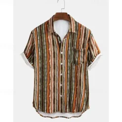 Sale OUKU Men's Stripes Button Up Shirt Short Sleeve Vintage Hawaiian Dailywear Causal Casual Summer Spring Collared Shirts Pocket 3D Print Yellow Blue Green