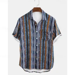 Sale OUKU Men's Stripes Button Up Shirt Short Sleeve Vintage Hawaiian Dailywear Causal Casual Summer Spring Collared Shirts Pocket 3D Print Yellow Blue Green