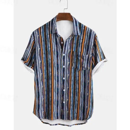 Sale OUKU Men's Stripes Button Up Shirt Short Sleeve Vintage Hawaiian Dailywear Causal Casual Summer Spring Collared Shirts Pocket 3D Print Yellow Blue Green