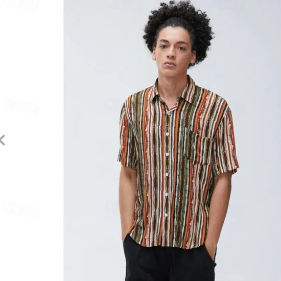 Sale OUKU Men's Stripes Button Up Shirt Short Sleeve Vintage Hawaiian Dailywear Causal Casual Summer Spring Collared Shirts Pocket 3D Print Yellow Blue Green