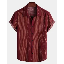 Hot OUKU Men's Stripes Geometric Pattern Button Up Shirt Short Sleeve Vintage Vacation Causal Casual Collared Shirts 3D Print Wine