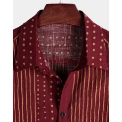 Hot OUKU Men's Stripes Geometric Pattern Button Up Shirt Short Sleeve Vintage Vacation Causal Casual Collared Shirts 3D Print Wine