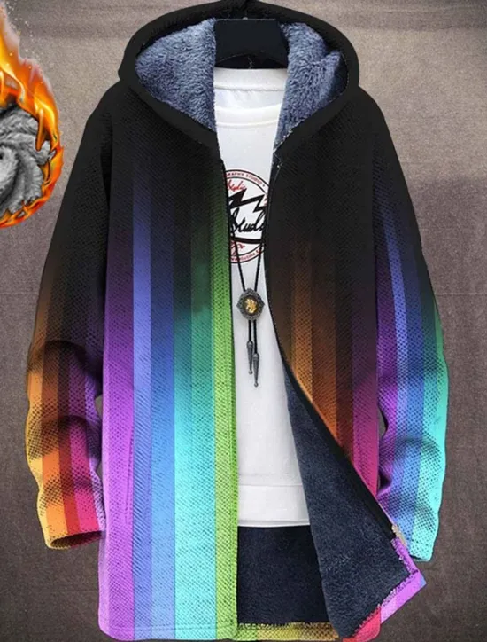 Discount OUKU Men's Stripes Geometry Gradual Winter Coat Fleece Jacket Coat Warm Breathable Comfortable Fashion Streetwear Sport Sports & Outdoor Daily Wear Going out Zipper Pocket Print Fall & Winter Hoodie Long
