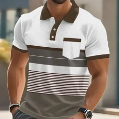 Outlet OUKU Men's Stripes Polo Short Sleeve Polo Shirts Collared Shirts Business Casual Outdoor Athleisure Daily Wear Pocket 3D Print Buttons Summer Blue Brown Green