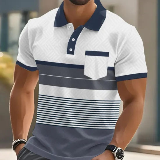 Outlet OUKU Men's Stripes Polo Short Sleeve Polo Shirts Collared Shirts Business Casual Outdoor Athleisure Daily Wear Pocket 3D Print Buttons Summer Blue Brown Green