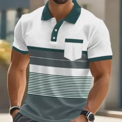 Outlet OUKU Men's Stripes Polo Short Sleeve Polo Shirts Collared Shirts Business Casual Outdoor Athleisure Daily Wear Pocket 3D Print Buttons Summer Blue Brown Green