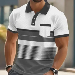 Outlet OUKU Men's Stripes Polo Short Sleeve Polo Shirts Collared Shirts Business Casual Outdoor Athleisure Daily Wear Pocket 3D Print Buttons Summer Blue Brown Green