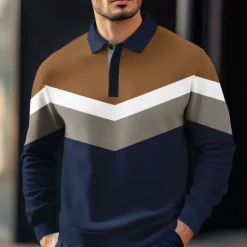 Online OUKU Men's Stripes Rugby Polo Cable Knit Polo Long Sleeve Polo Shirts Collared Shirts Casual Outdoor Athleisure 3D Print Spring Fall Winter Black Blue Green