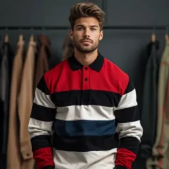 Sale OUKU Men's Stripes Rugby Polo Cable Knit Polo Long Sleeve Polo Shirts Colla Shirts Casual Outdoor Athleisure 3D Print Spring Fall Red