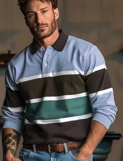 Outlet OUKU Men's Stripes Rugby Polo Long Sleeve Polo Shirts Collared Shirts Casual Outdoor Athleisure 3D Print Spring Fall Winter Yellow Blue Green