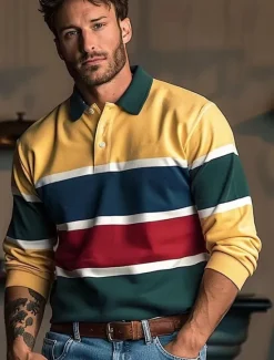 Outlet OUKU Men's Stripes Rugby Polo Long Sleeve Polo Shirts Collared Shirts Casual Outdoor Athleisure 3D Print Spring Fall Winter Yellow Blue Green
