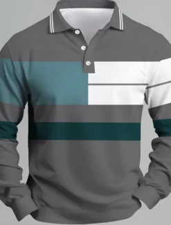New OUKU Men's Stripes Rugby Polo Long Sleeve Polo Shirts Collared Shirts Casual School Outdoor Business Athleisure 3D Print Spring Fall Black Dark Blue Gray