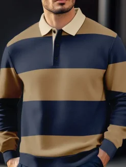 New OUKU Men's Stripes Rugby Polo Long Sleeve Polo Shirts Collared Shirts Casual Outdoor Athleisure 3D Print Spring Fall Winter Red Blue Brown