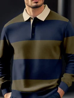New OUKU Men's Stripes Rugby Polo Long Sleeve Polo Shirts Collared Shirts Casual Outdoor Athleisure 3D Print Spring Fall Winter Red Blue Brown
