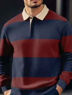 New OUKU Men's Stripes Rugby Polo Long Sleeve Polo Shirts Collared Shirts Casual Outdoor Athleisure 3D Print Spring Fall Winter Red Blue Brown