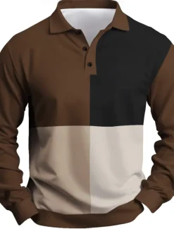 Outlet OUKU Men's Stripes Rugby Polo Long Sleeve Polo Shirts Collared Shirts Casual Outdoor Athleisure 3D Print Spring Fall Winter Black Brown Dark Blue
