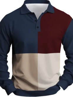 Outlet OUKU Men's Stripes Rugby Polo Long Sleeve Polo Shirts Collared Shirts Casual Outdoor Athleisure 3D Print Spring Fall Winter Black Brown Dark Blue