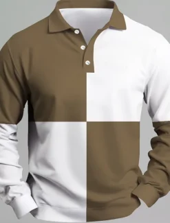 Sale OUKU Men's Stripes Rugby Polo Long Sleeve Polo Shirts Collared Shirts Casual School Outdoor Business Athleisure 3D Print Spring Fall Blue Brown Green
