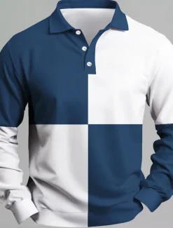 Sale OUKU Men's Stripes Rugby Polo Long Sleeve Polo Shirts Collared Shirts Casual School Outdoor Business Athleisure 3D Print Spring Fall Blue Brown Green