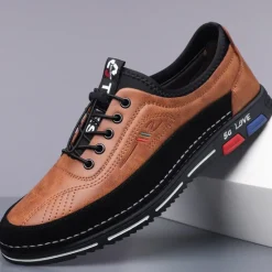 OUKU Men's Stylish Brown Faux Leather Casual Shoes with Black Contrast Detail, Comfortable Fit and Durable Sole, Ideal for Everyday Wear and Smart Casual Occasions