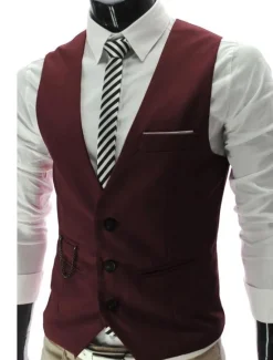Hot OUKU Men's Suit Vest Waistcoat Formal Wedding Work Business / Ceremony / Wedding Fashion 1920s All Seasons Polyester Solid Colored V Neck Slim Wine Black White Navy Blue Vest