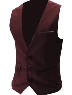 Hot OUKU Men's Suit Vest Waistcoat Formal Wedding Work Business / Ceremony / Wedding Fashion 1920s All Seasons Polyester Solid Colored V Neck Slim Wine Black White Navy Blue Vest