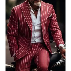 Clearance OUKU Men's Suits Blazer Business Cocktail Party Wedding Party Fashion Casual Spring & Fall Polyester Stripes Pocket 2 Piece Comfortable Single Breasted Blazer Red Blue Green
