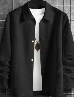 Clearance OUKU Men's Summer Jacket Shirt Jacket Transition Jacket Vacation Daily Pocket Jacquard Fall & Winter Plain Fashion Classic Lapel Regular Black White Jacket