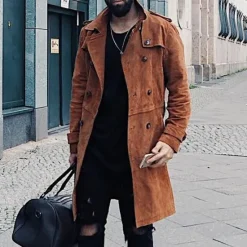 Clearance OUKU Men's Summer Jacket Transition Jacket Trench Coat Vacation Daily Spring Fall Polyester Soft Outerwear Clothing Apparel Fashion Classic Plain Pocket Lapel Double Breasted Brown