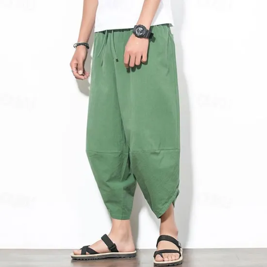 Outlet OUKU Men's Summer Pants Bloomers Harem Pants Pocket Drawstring Elastic Waist Plain Comfort Breathable Calf-Length Vacation Daily Holiday Hawaiian Boho Black Red