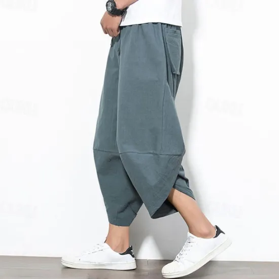 Outlet OUKU Men's Summer Pants Bloomers Harem Pants Pocket Drawstring Elastic Waist Plain Comfort Breathable Calf-Length Vacation Daily Holiday Hawaiian Boho Black Red