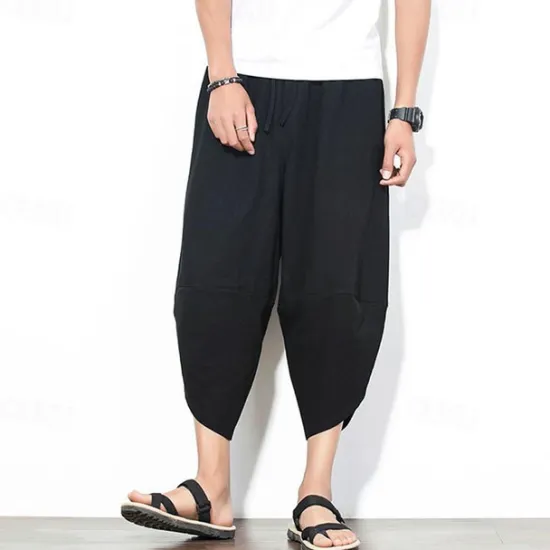 Outlet OUKU Men's Summer Pants Bloomers Harem Pants Pocket Drawstring Elastic Waist Plain Comfort Breathable Calf-Length Vacation Daily Holiday Hawaiian Boho Black Red