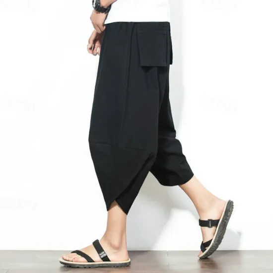 Outlet OUKU Men's Summer Pants Bloomers Harem Pants Pocket Drawstring Elastic Waist Plain Comfort Breathable Calf-Length Vacation Daily Holiday Hawaiian Boho Black Red
