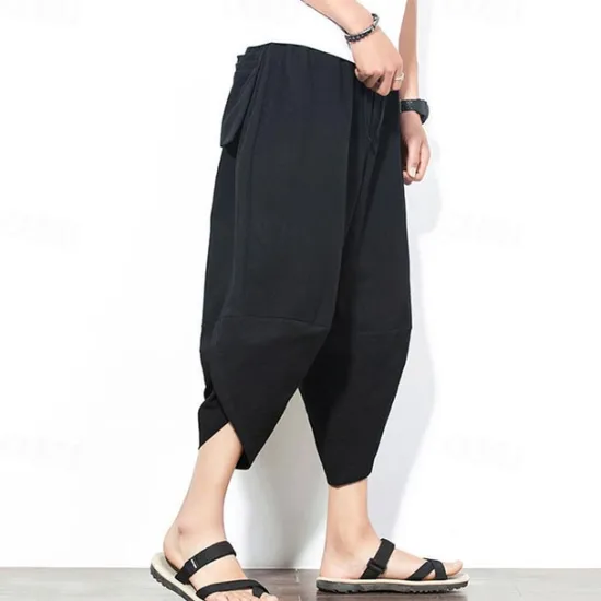 Outlet OUKU Men's Summer Pants Bloomers Harem Pants Pocket Drawstring Elastic Waist Plain Comfort Breathable Calf-Length Vacation Daily Holiday Hawaiian Boho Black Red