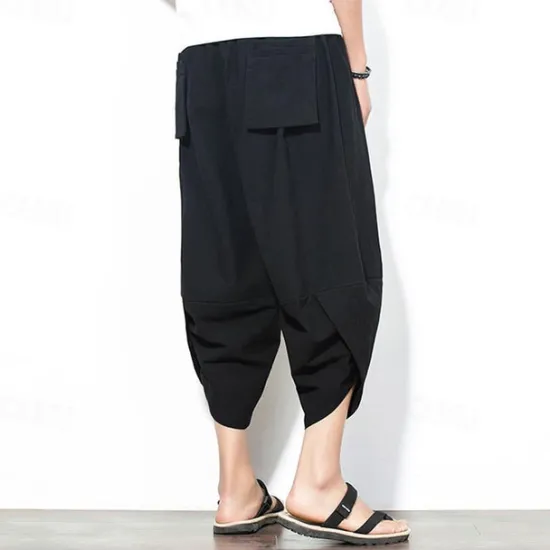 Outlet OUKU Men's Summer Pants Bloomers Harem Pants Pocket Drawstring Elastic Waist Plain Comfort Breathable Calf-Length Vacation Daily Holiday Hawaiian Boho Black Red